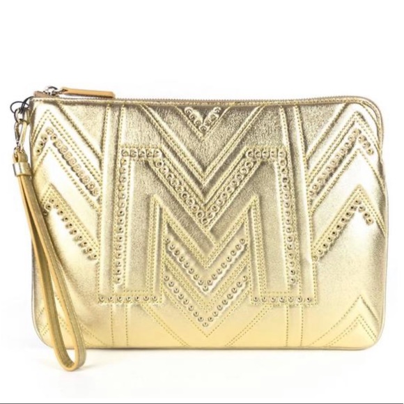MCM Handbags - MCM Studded Quilted Logo Gold Leather Wristlet